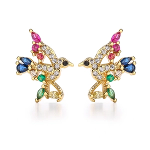 Gold-plated hummingbird stud earrings with colorful cubic zirconia inlays for women