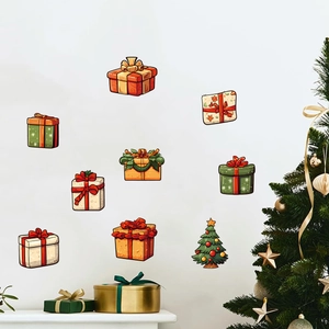 Christmas Wall Stickers PVC Removable Cartoon Gift Box And Tree Decals For Holiday Window Home Decoration