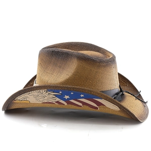 Close-up of western cowboy straw hat featuring vintage American flag and eagle print on brim