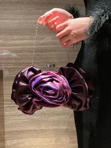 Deep purple satin bridal clutch with 3D handmade rose flower and metal chain strap