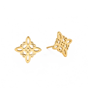 Gold hollow stainless steel witch knot earrings with a polished geometric Celtic design