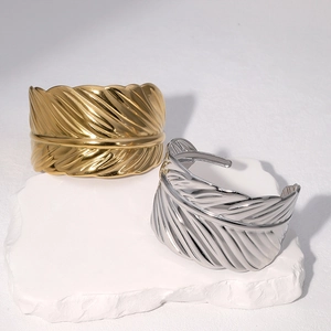 Feather Cuff Bangle Stainless Steel 18K Gold Plated Adjustable Open Wide Leaf Texture Minimalist Jewelry For Women