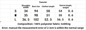 Detailed size chart for women's knit cardigan and skirt set including measurements