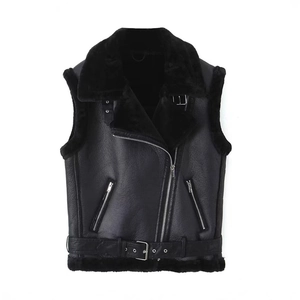 Damen Kunstleder Biker Weste Kunstfell Futter Lammfell Stil Revers Reißverschluss Moto Weste Warm Streetwear Schwarz