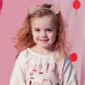 Detail of pink glitter cat ear headband with star and bow on a young girl model