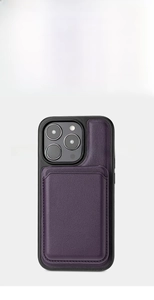 Detail view of purple leather MagSafe card holder wallet with visible stitching
