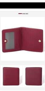 Detailed views of wine red leather wallet with RFID blocking and multiple card slots