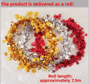 Macro detail of 7.5m gold, silver and red star tinsel garlands for Christmas decor