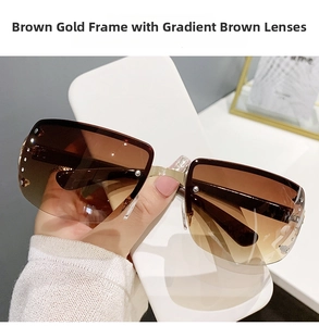Detail of tea gold frameless oversized sunglasses with rhinestones and gradient lenses