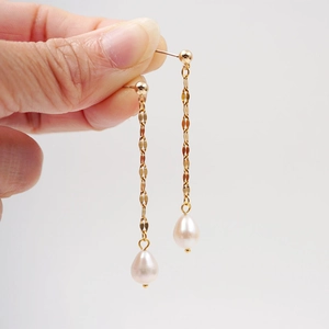 Freshwater Pearl Long Drop Earrings With Silver Earring Post Stainless Steel Lips Chain Minimalist Elegant For Women