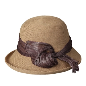 Eleganter Sonnenhut aus Seidenpapier in Khaki mit dunkelbraunem Band für Damen