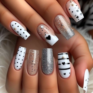 Press On Nails Cat Eye Rhinestone Heart Star Striped Design Long Trapezoid Elegant False Nails For Women