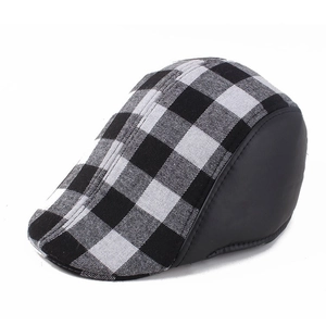 Retro black and grey checkered flat cap with leather side trim for men's winter style