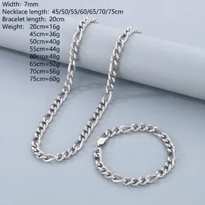 Detailed size chart for 7mm stainless steel Cuban link chain and bracelet set specifications
