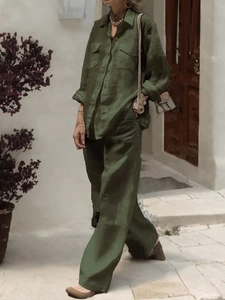 Women's dark green loose linen-style two-piece set with long sleeve shirt and wide-leg pants