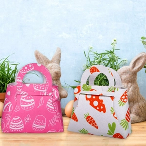 Easter non-woven tote bags featuring colorful egg and carrot prints with cutout handles