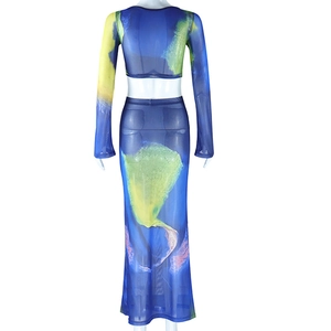 Detail view of the back of blue abstract print mesh two-piece set with long sleeves