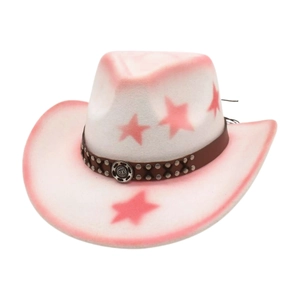 Detail of pink star pattern on white cowboy hat with studded brown leather band