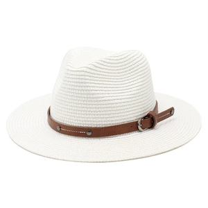 Classic white woven Fedora straw hat with brown leather band and metallic buckle detail