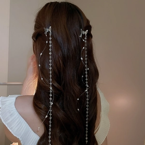 Pince à cheveux papillon argentée avec de longs glands en perles portés par le mannequin
