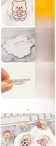 Detail of digital printing and laser-cut edges on cute acrylic bear cartoon pins