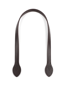 Detail showing deep brown PU leather bag strap with stitched edges and pre-drilled holes