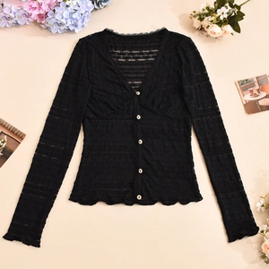 Flat lay detail of black lace long-sleeve cardigan with V-neck and button closure