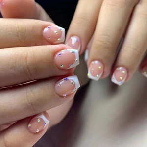 French Press On Nails Pink White Sparkling Rhinestones Short Coffin Shape Elegant Artificial Fake Nails For Women