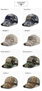 Grid view of tactical camouflage baseball caps with mesh backs and USA flag patches
