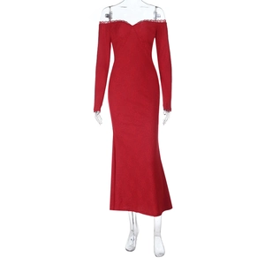 Close-up of red lace texture and off-the-shoulder neckline on slim-fit long dress