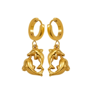 Boucles d'oreilles créoles dorées à l'or 18K avec pendentifs doubles dauphins