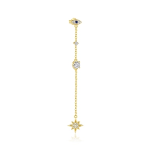 Detailed macro view of S925 sterling silver drop earrings with star and eye motifs