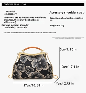 Detailed dimension guide for embroidered satin handbag with size and capacity specs