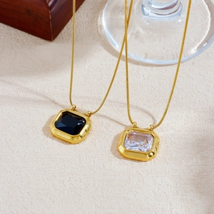 Gold-plated snake chain necklaces with square blue and white crystal pendants