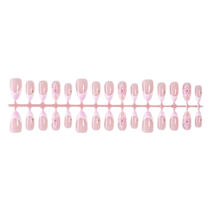 Handmade 3D almond press-on nails with pink floral art, pearls, and French tip designs