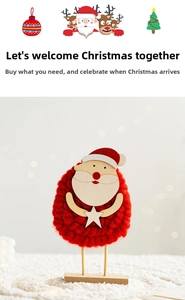 Detail of red knit wool Santa Claus ornament on a wooden base for Christmas desk decor