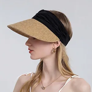 Women's summer open top straw sun hat with black elastic headband for beach UV protection