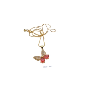 Gold-plated butterfly pendant necklace with micro-paved red and clear zircon stones