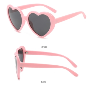 Dual view of heart shaped sunglasses with pink frames and grey lenses from side and back angles