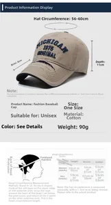 Size chart for distressed baseball cap with Michigan 1975 embroidery and dimensions