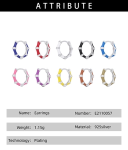 Detail display of ten colorful enamel bamboo style 925 sterling silver hoop earrings