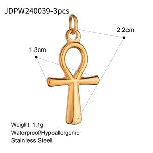 Detail view of 2.2cm stainless steel Ankh cross pendants with size and weight metrics