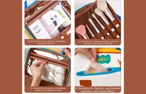 Detail view of large capacity makeup bag with brush slots and transparent compartments