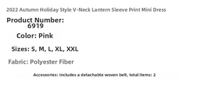 Detailed chart of V-neck lantern sleeve mini dress features with woven belt size guide