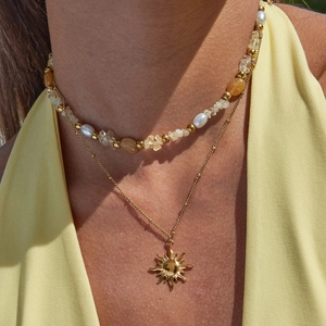 Double Layer Stainless Steel Sun Pendant Necklace Bohemian Artificial Pearl Citrine Beaded Clavicle Chain Jewelry For Women