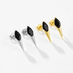 Minimalist S925 silver stud earrings with black marquise stones in gold and silver finish