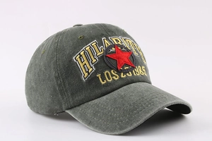 Close-up of vintage army green washed cotton baseball cap with Hilarity star embroidery