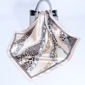 Elegant Square Scarf Leopard Chain Print Satin Polyester Headscarf For Women Neck Hair Bag Accessory Retro