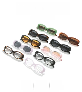 Detailed array of oval sunglasses in 10 diverse colors showing frame textures