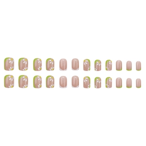 Short press-on nails with green French tips and white daisy floral patterns